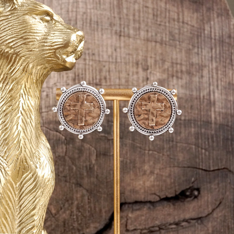 Divine Duo – Two-Tone Cross Coin Stud Earrings