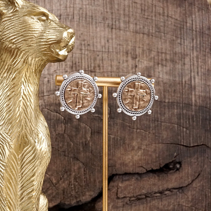 Divine Duo – Two-Tone Cross Coin Stud Earrings