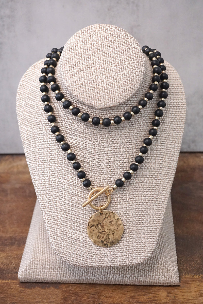 Multi Strand Wooden Beads Short Coin Necklace in Black and Gold