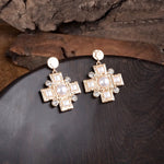 Heavenly Sparkle – Gold Cross Dangle Earrings with Pearls and Crystals