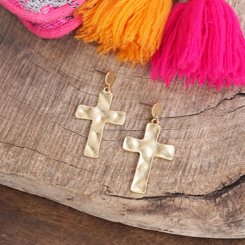 Cross Hammered Distressed Drop Earrings - Gold Tone