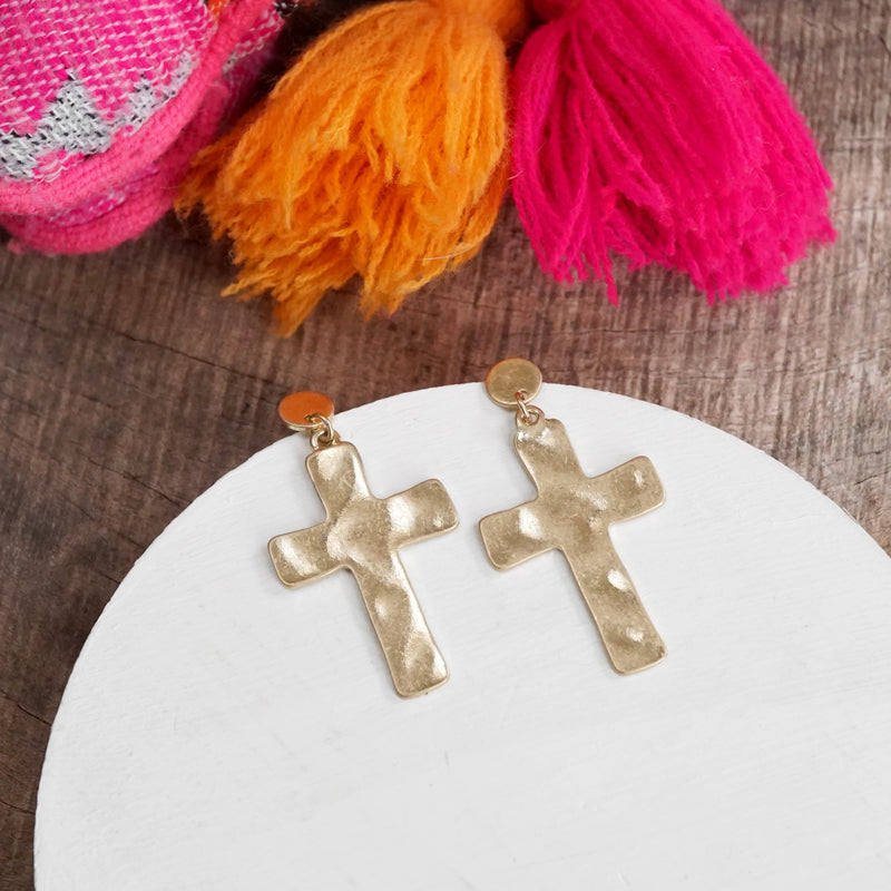 Cross Hammered Distressed Drop Earrings - Gold Tone