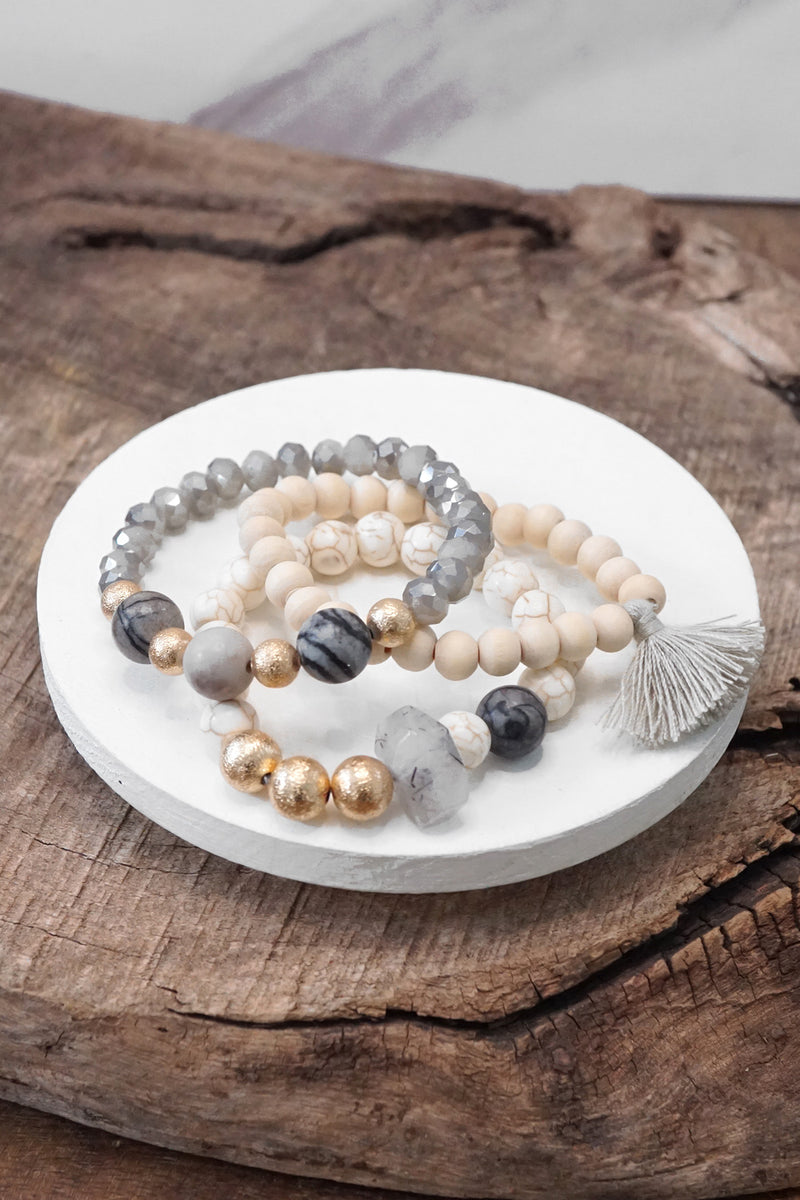 Boho Beads Tassel Bracelets set with Semi Precious stones beads Gray