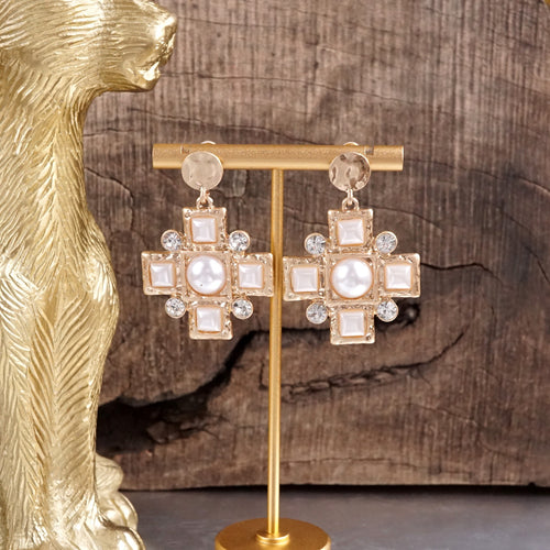 Heavenly Sparkle – Gold Cross Dangle Earrings with Pearls and Crystals