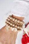 Beaded Boho Bracelets set of 4 with Gold Coin Neutral wooden Beads and Metal chain