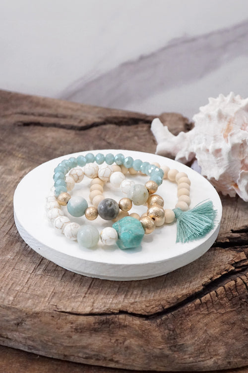 Boho Beads Tassel Bracelets set with Semi Precious stones beads Mint and white