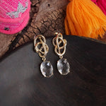 Statement Tangled Looped Wire and Crystal Earrings - Gold Tone