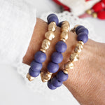 Blue Beaded bracelets stack wood and metal Gold tone beads