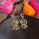 Statement Tangled Looped Wire and Teardrop Crystal Earrings - Gold Tone