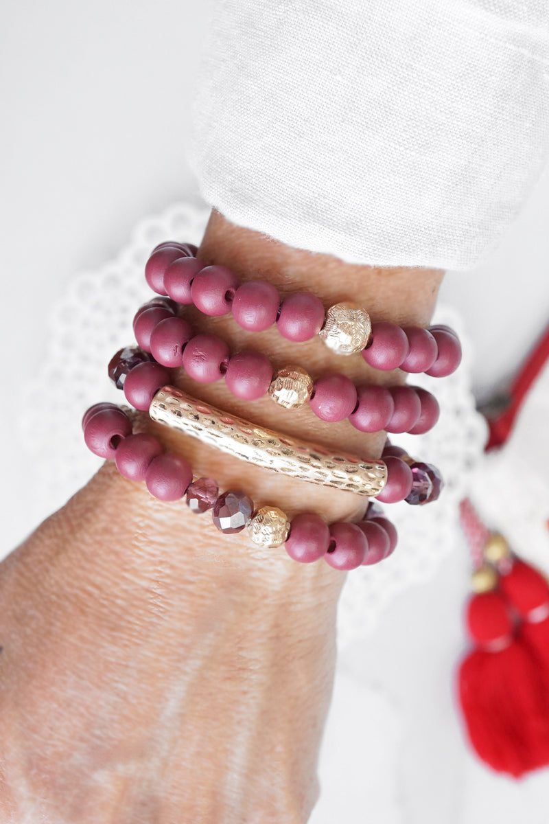 Beaded bracelets set in Wooden Burgundy Red and Gold tube