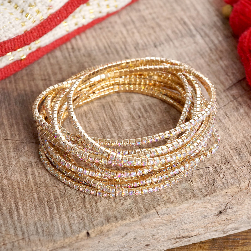 Stretchy Bracelets Stack with Iridescent Rhinestones in Gold Tone