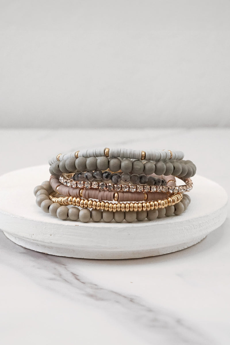 Beaded Bracelets stack of 7 in Grey tones