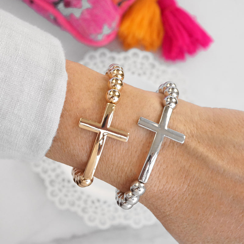 Minimal Cross Ball Beads Stretchy Bracelet - Gold Silver tones