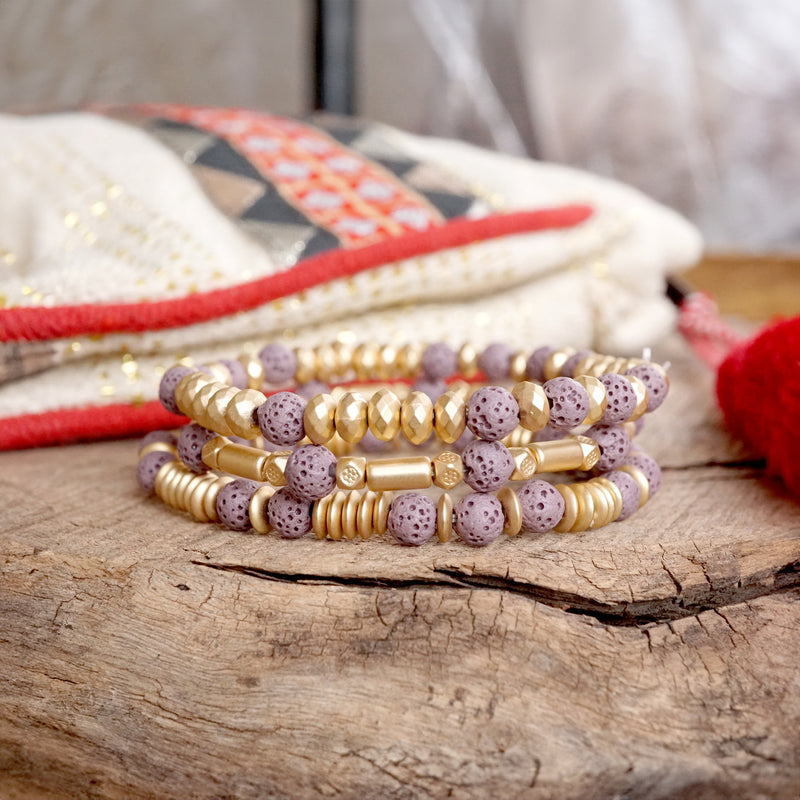 Lava and Golden Matte Beads Bracelet Sets in Colorful Purple Olive Green Ivory