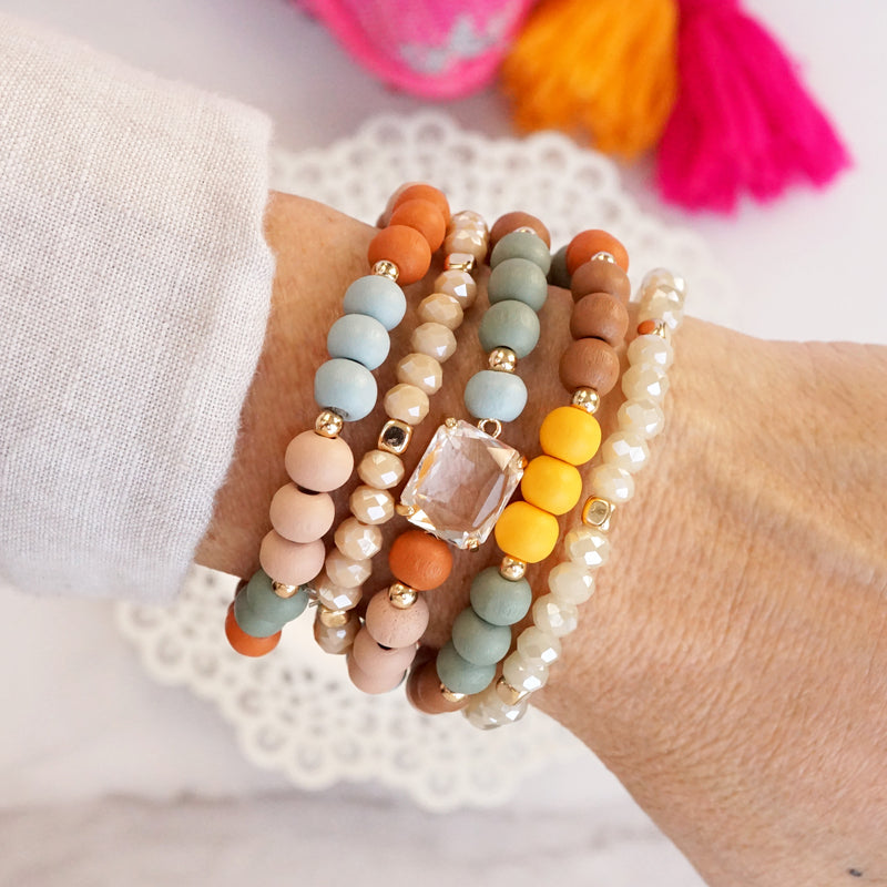 Beaded Bracelets Set Boho Wood Glass with Faceted Crystal