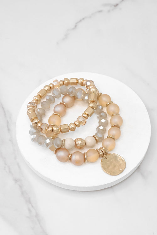 Boho Beads Coin Bracelets Statement set in Peach pink