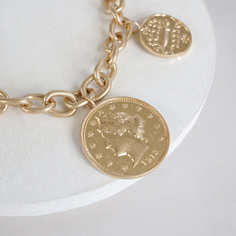 Boho Coins Statement Chain Bracelet – Worn Gold Tone