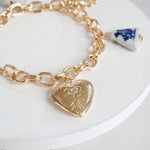 Chinoiserie & Heart Locket Preppy Statement Chain Bracelet – Gold Tone