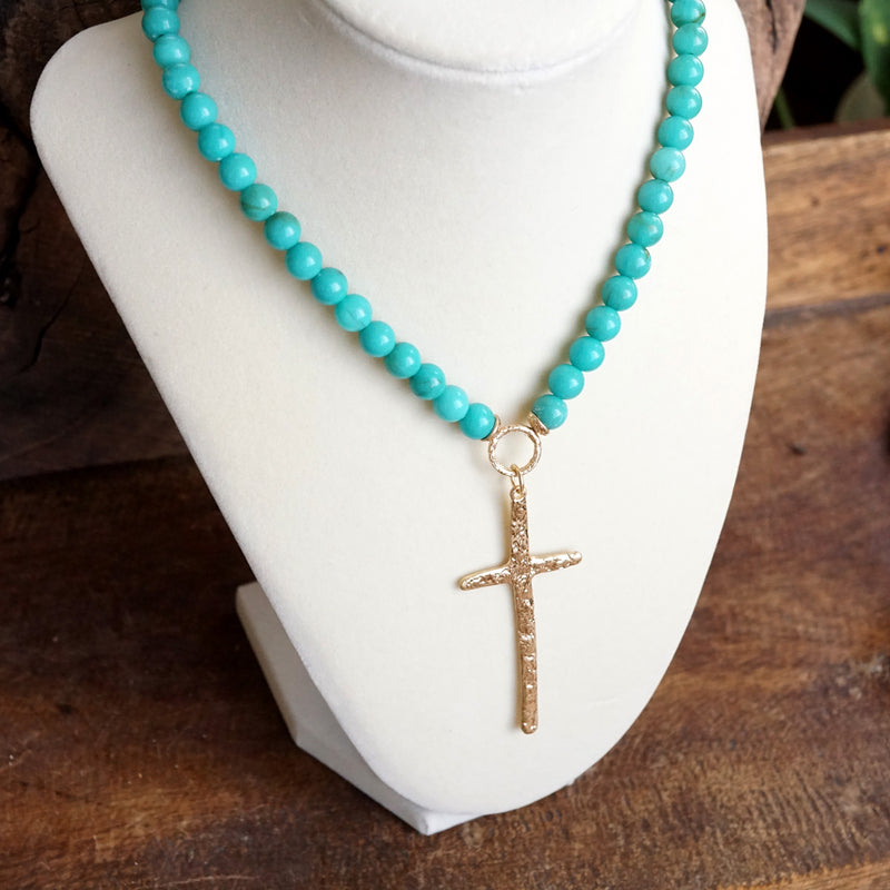 Primitive Cross Necklace Gold Pearl Turquoise Beads