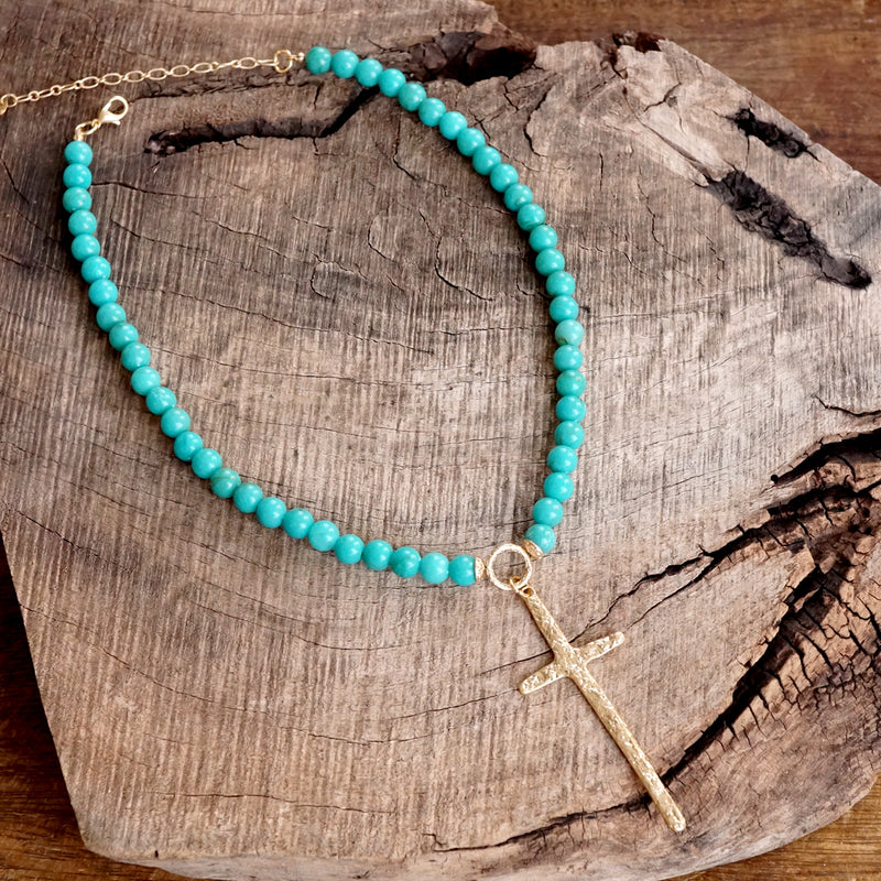 Primitive Cross Necklace Gold Pearl Turquoise Beads