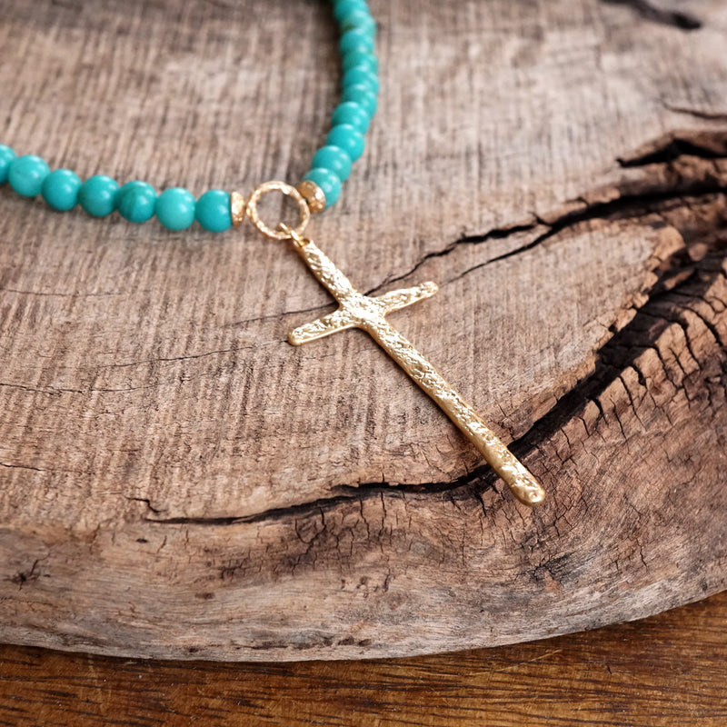 Primitive Cross Necklace Gold Pearl Turquoise Beads