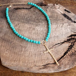 Primitive Cross Necklace Gold Pearl Turquoise Beads