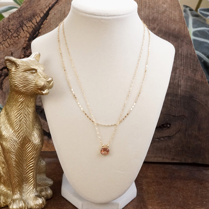 Glimmered Layers – Double Chain Necklace with Emerald-Cut Crystal