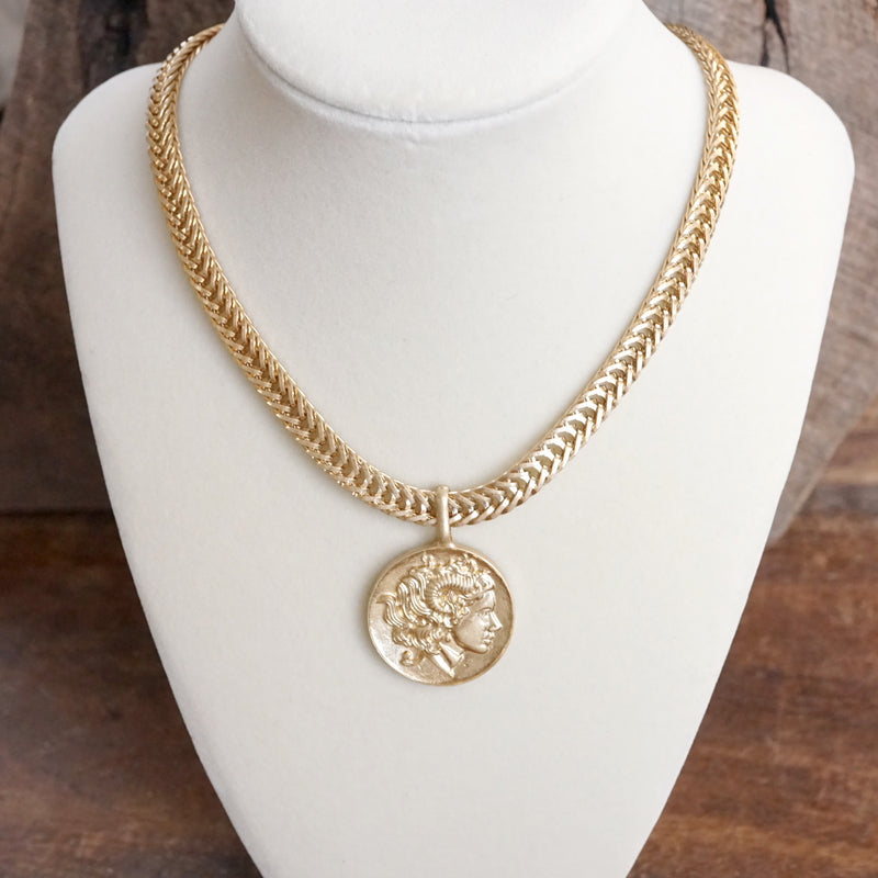 Coin Statement Chain Necklace in Worn Gold Tone