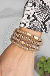 Brown Taupe Gold tone Bracelet stack Wood beads Multi shape
