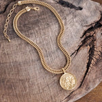 Coin Statement Chain Necklace in Worn Gold Tone