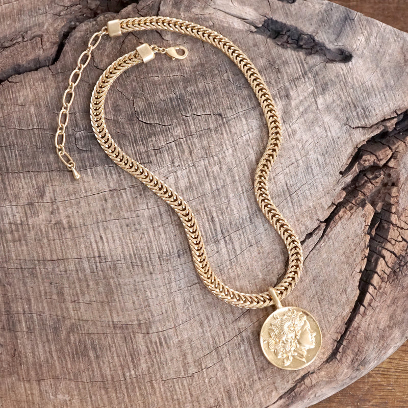 Coin Statement Chain Necklace in Worn Gold Tone