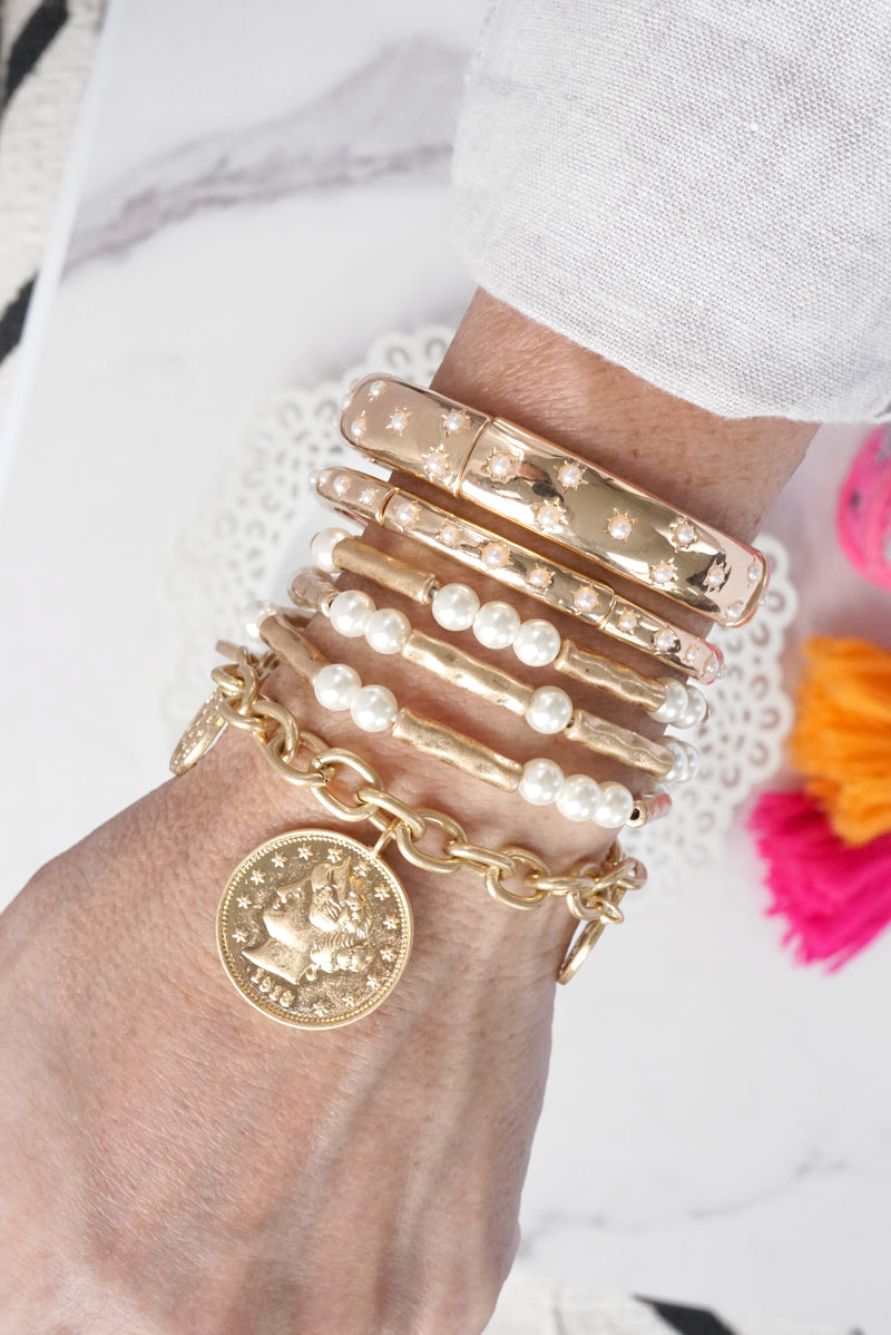 Boho Coins Statement Chain Bracelet – Worn Gold Tone