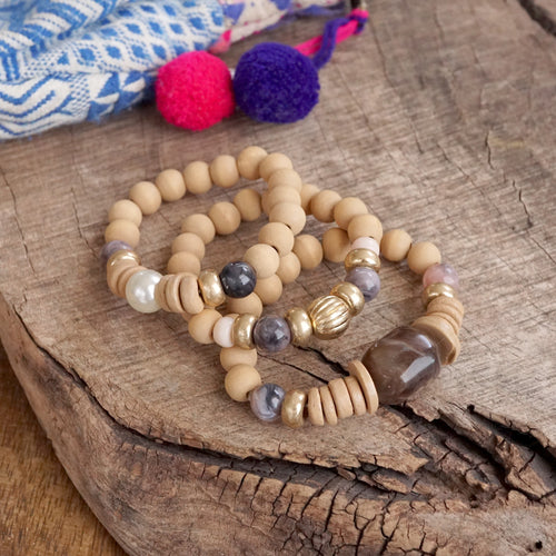 Chunky Beaded Bracelets set Wood Acrylic Metal beads Purple Neutral