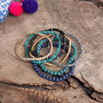 Beaded Bracelets stack of 7 in Navy Blue Green Teal