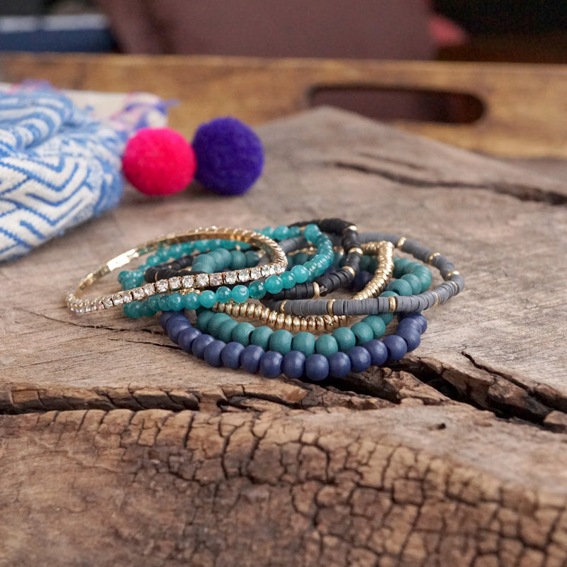 Beaded Bracelets stack of 7 in Navy Blue Green Teal