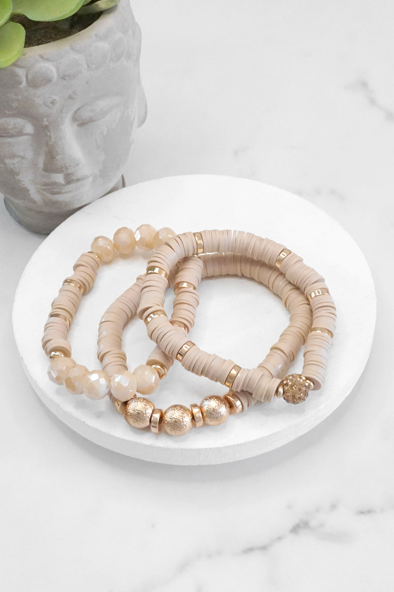 Beaded Bracelets stack in Neutral Beige Heishi Clay Gold tone Layering