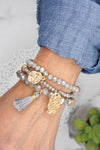 Beaded bracelet stack with tassel and coins Aqua Taupe Rose