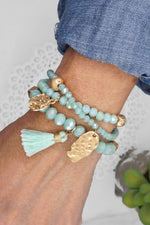 Beaded bracelet stack with tassel and coins Aqua Taupe Rose
