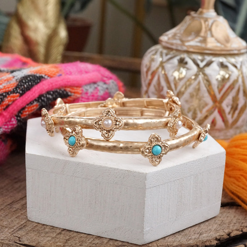 Sun-Kissed Shine – Medallion Stretchy Bangle with Pearl or Turquoise