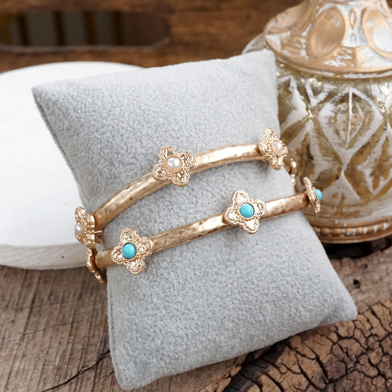 Sun-Kissed Shine – Medallion Stretchy Bangle with Pearl or Turquoise