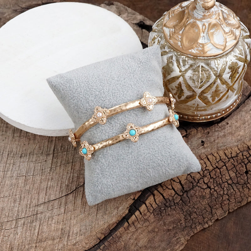 Sun-Kissed Shine – Medallion Stretchy Bangle with Pearl or Turquoise