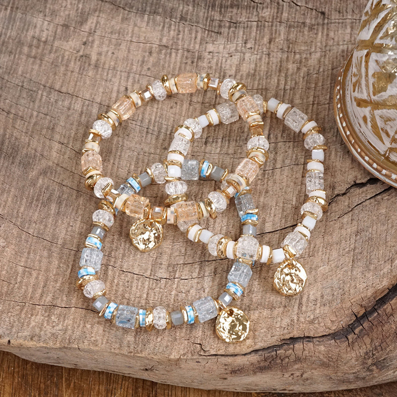 Whispering Light – Mixed Bead Bracelet with Golden Coin Charm