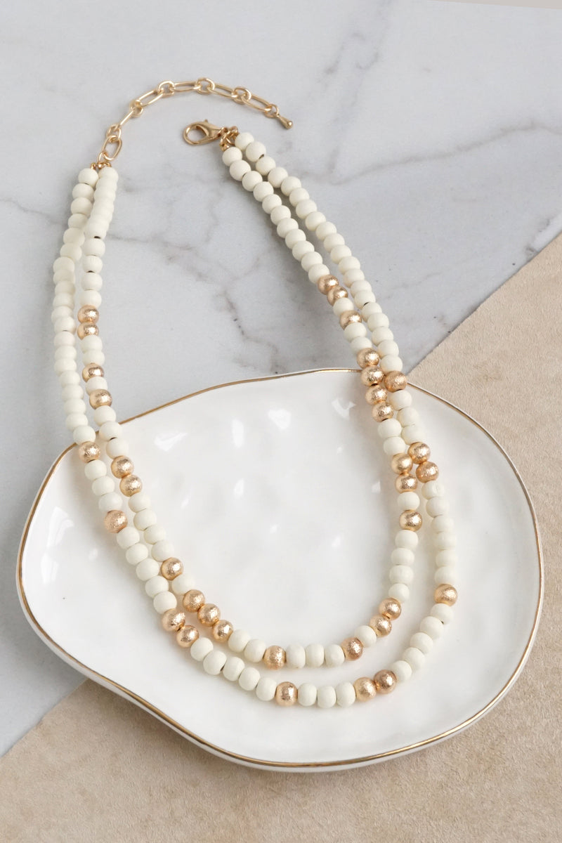 Multi Strand Wooden Beads Short Statement Necklace in Cream and Gold
