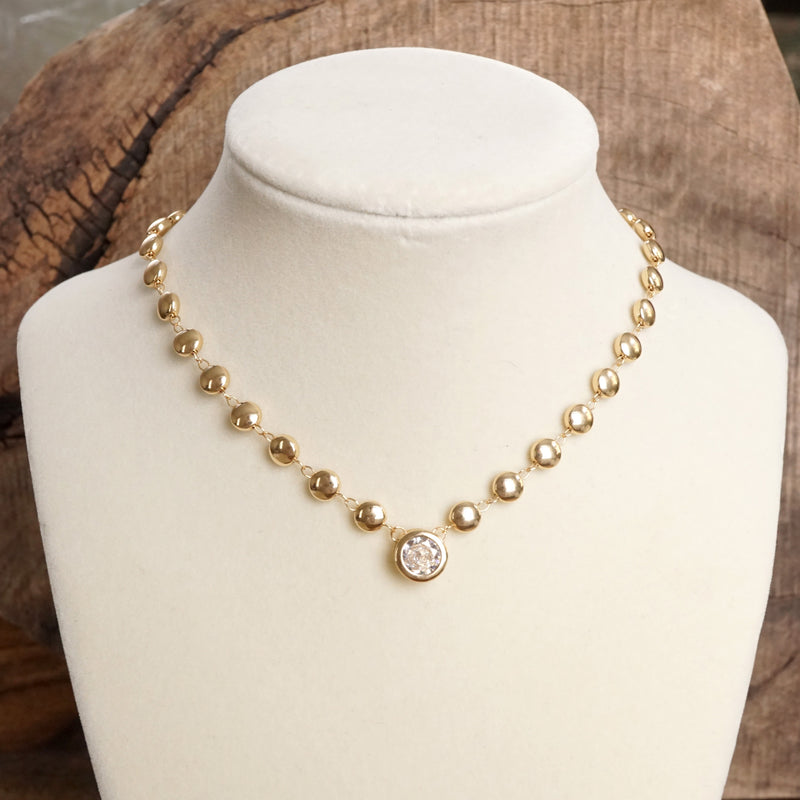 Clear Crystal Bezel Pendant Dot Chain Neckline Necklace