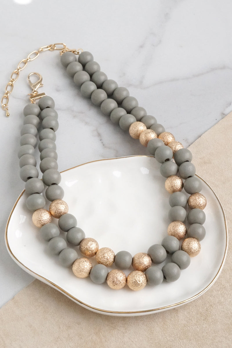 Multi Strand Wooden Beads Short Statement Necklace in Gray and Gold