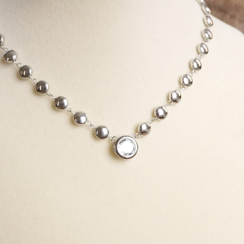 Clear Crystal Bezel Pendant Dot Chain Neckline Necklace