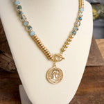 Front Toggle Coin Beaded Necklace With Glass and Golden Beads