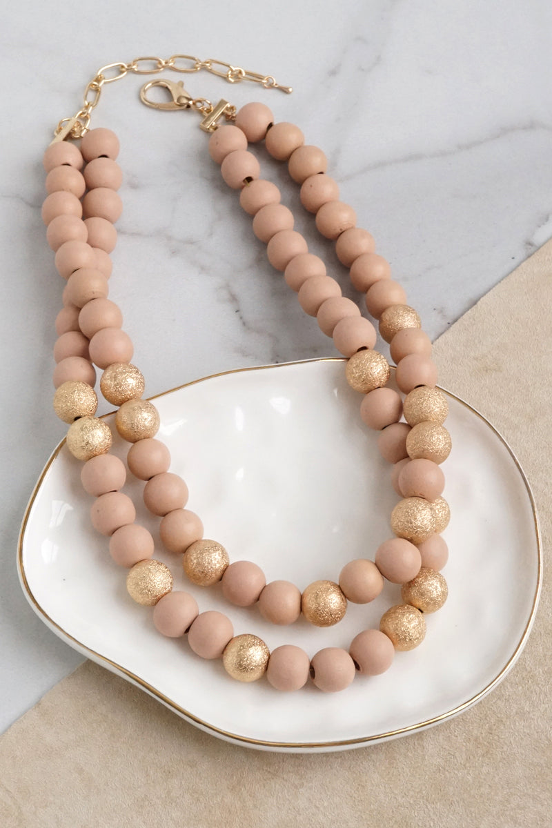 Multi Strand Wooden Beads Short Statement Necklace in Nude Peach Pink and Gold