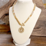 Front Toggle Coin Beaded Necklace With Glass and Golden Beads