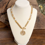 Front Toggle Coin Beaded Necklace With Glass and Golden Beads